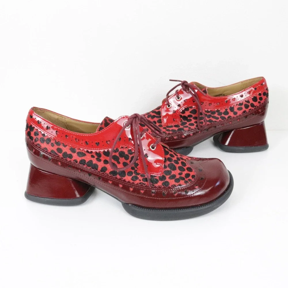 John Fluevog Rosamund Lace-Up Heels with Brogue Hearts 7 Burgundy Pony Hair
